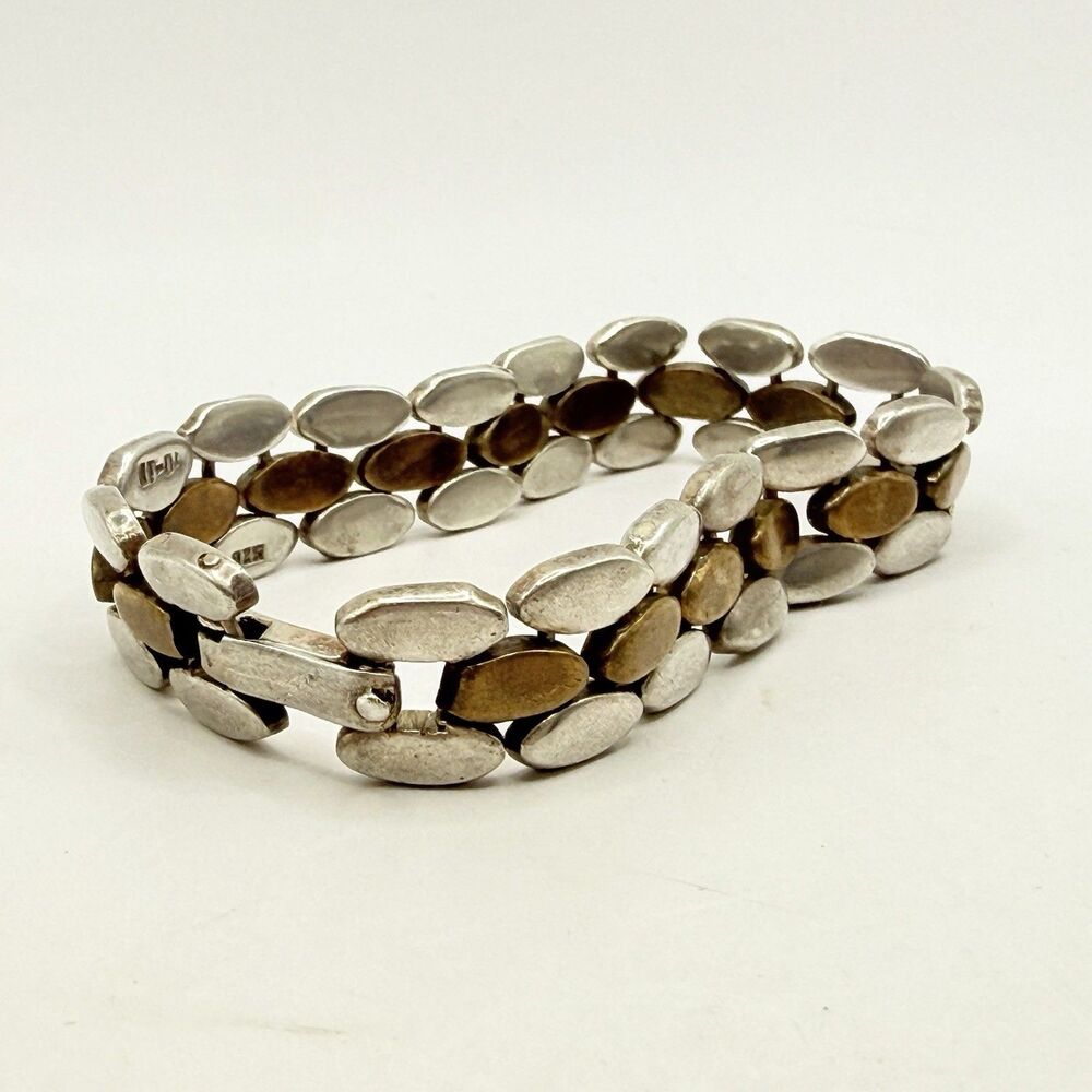 Vintage Taxco Mexico 925 IT-04 2 Tone Sterling Silver Brick Modernist Bracelet - Picture 3 of 11
